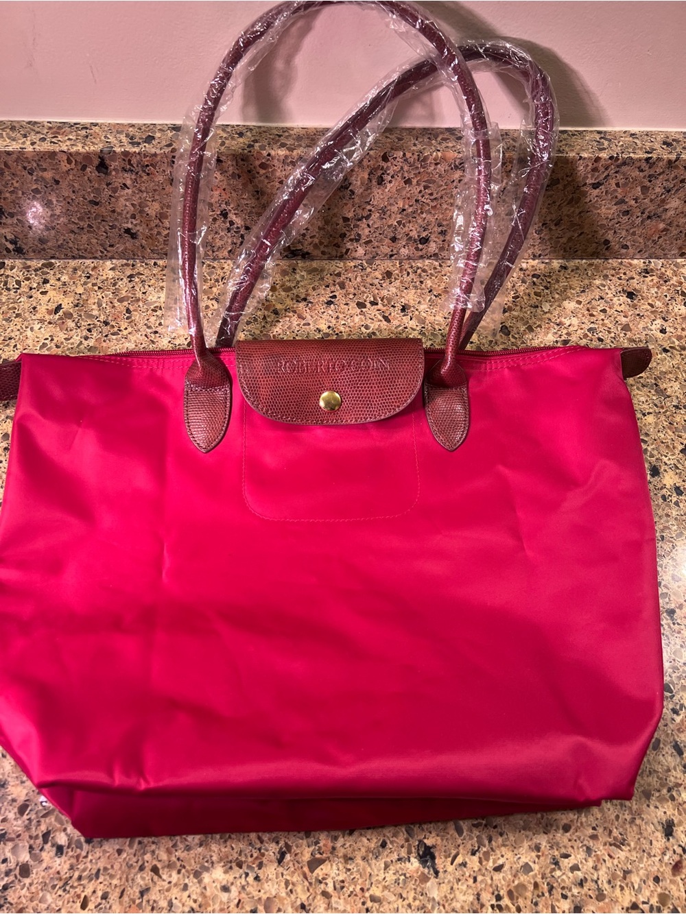 Roberto Coin NWOT Red Tote Bag Purse with Brown Trim 12”x20”